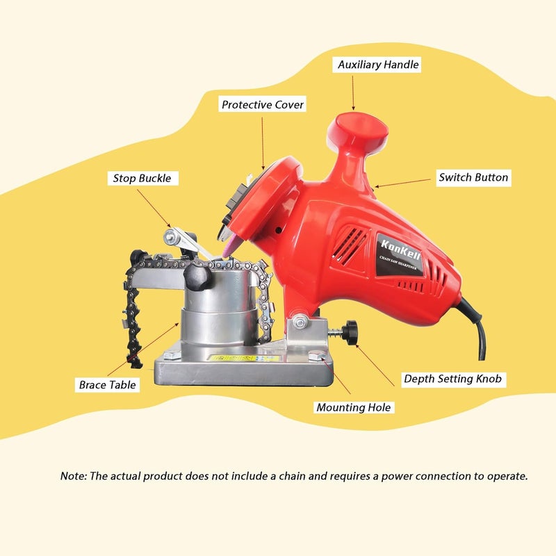 KonKell Electric Chainsaw Sharpener, 250W High-Speed Chain Grinder with Adjustable Angle, Heavy-Duty, Mountable, Red Sharpener for Chains from 1/4'' to 3/8'' Pitch - Image 5